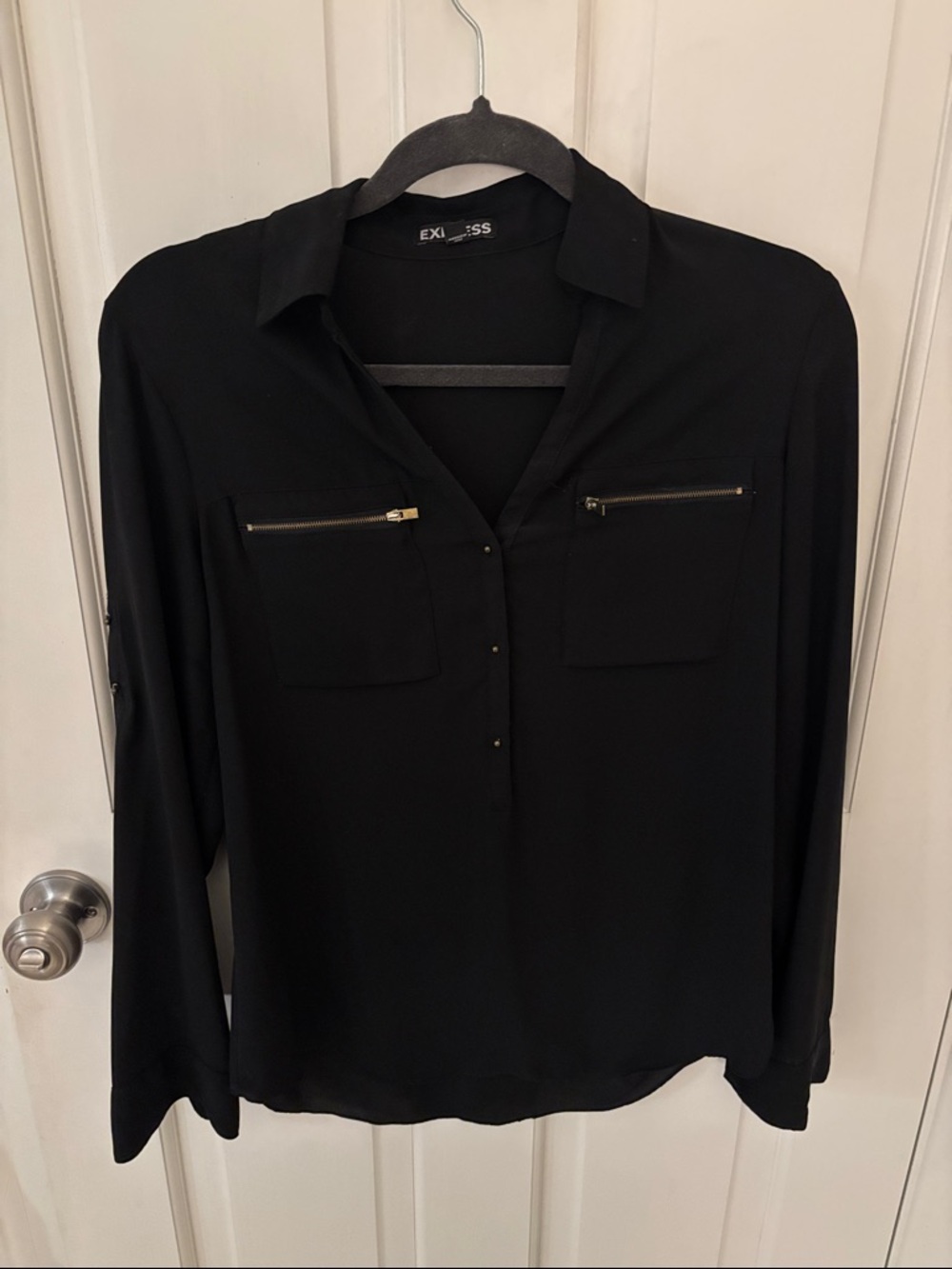 Express Black Long-Sleeve Button Down Blouse with Zip Pockets